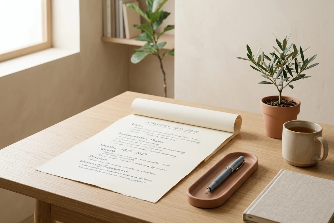 Een opgeruimd bureau met een document en een vulpen bij zacht daglicht