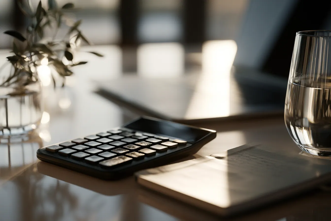Rustige werkruimte met rekenmachine en notitieboek, financieel overzicht