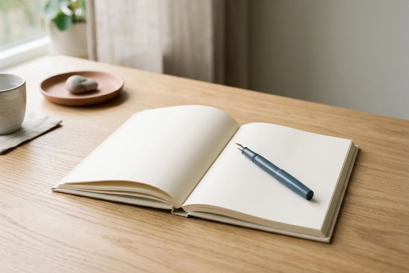 Een open notitieboek met een vulpen op een bureau bij zacht natuurlijk licht