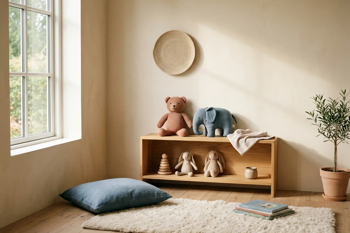 Een kinderhoek met zacht speelgoed netjes opgeruimd in een zonnige kamer