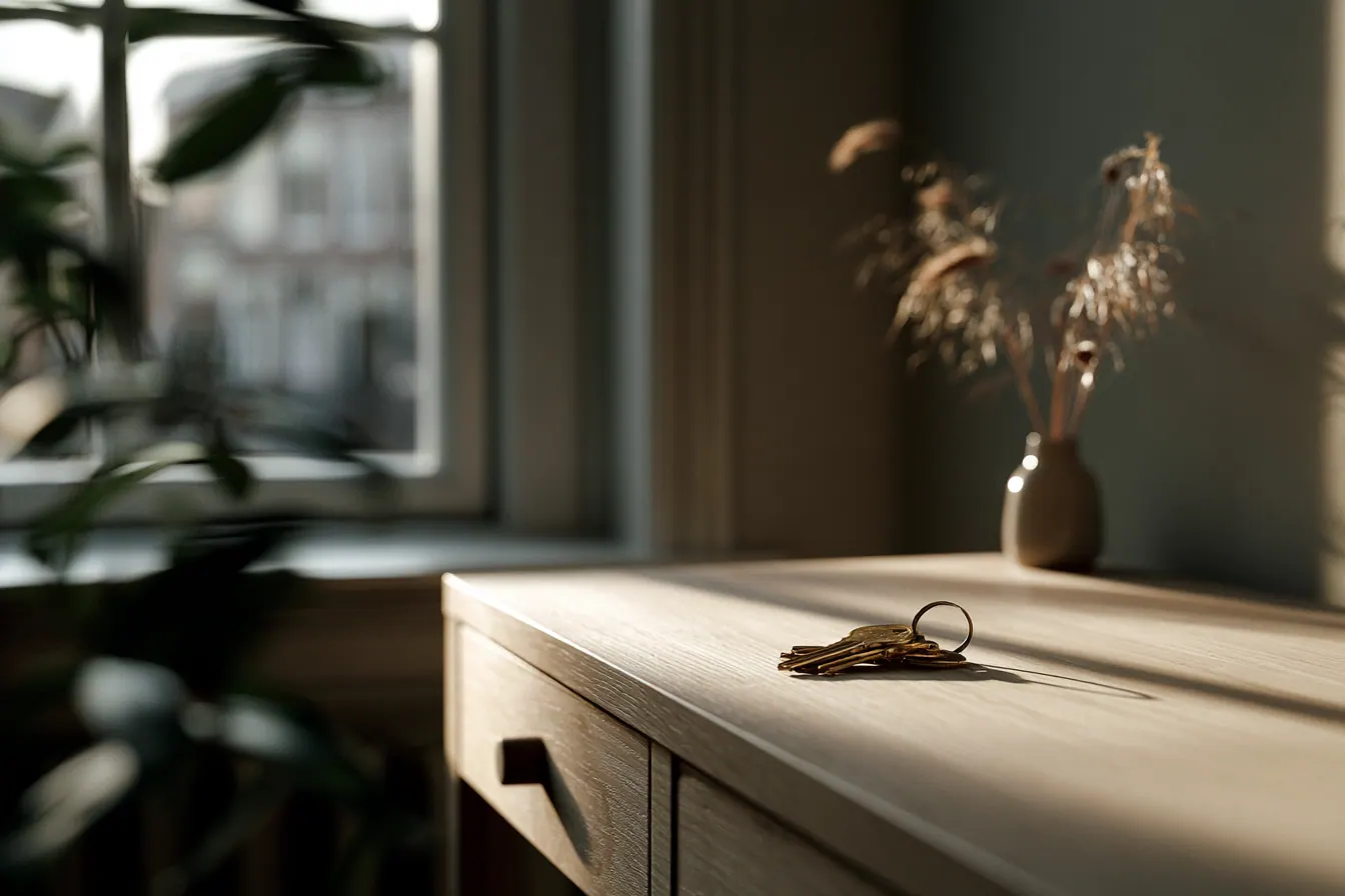 Lichtgevulde Nederlandse woonkamerhoek met sleutels op een houten consoletafel, symbool van een rustige nieuwe start
