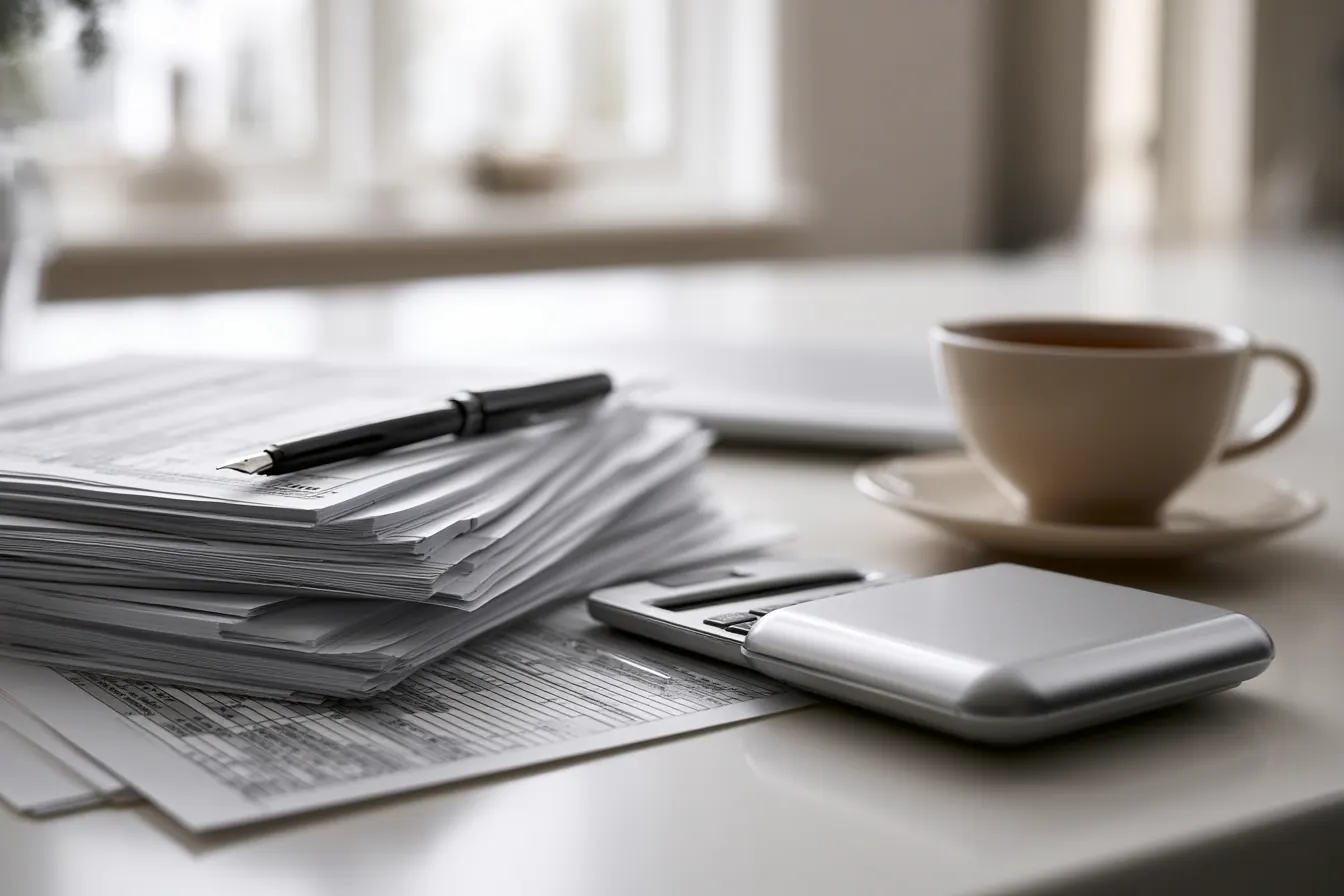Geordend Nederlands bureau met belastingformulieren en een rekenmachine bij ochtendlicht, fiscale duidelijkheid bij scheiding