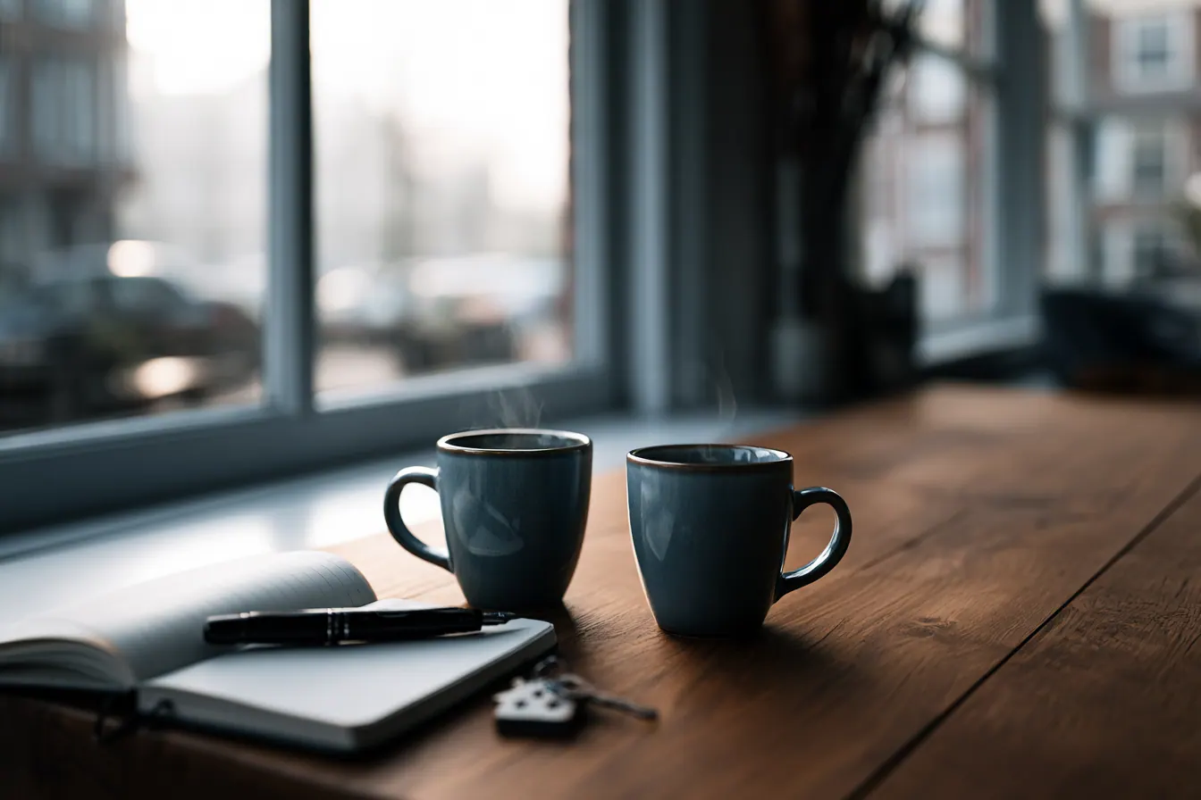 Twee koffiekopjes op een houten tafel bij een raam, een rustig gesprek over de verdeling van de woning