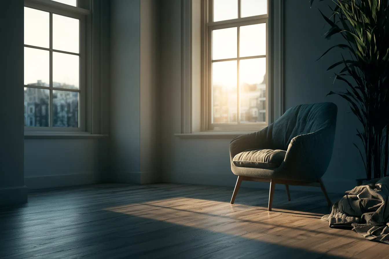 Lichte Nederlandse woonkamer bij zonsopkomst, een nieuw begin