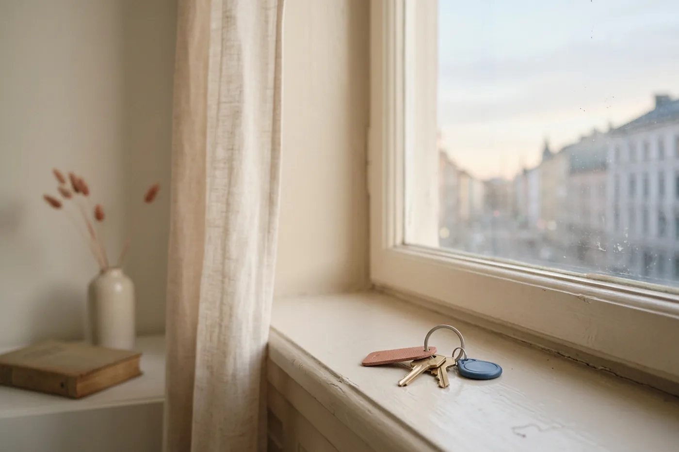 Een set sleutels op een vensterbank in een lichte, luchtige kamer bij dageraad