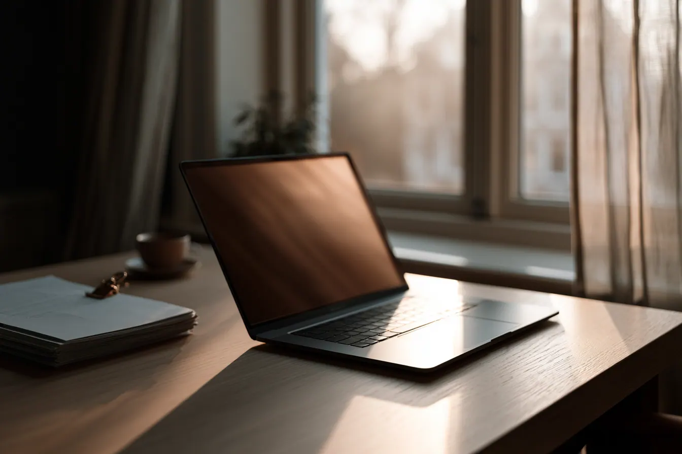 Een opgeruimde werkplek met laptop en hypotheekdocumenten bij ochtendlicht, overzicht en rust bij het overnemen van de hypotheek