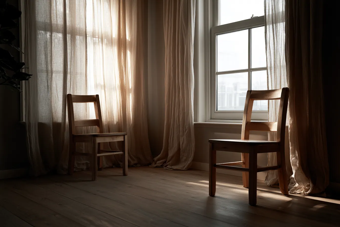 Minimalistisch Nederlands interieur met twee aparte stoelen bij ochtendlicht, gescheiden vermogens met respect