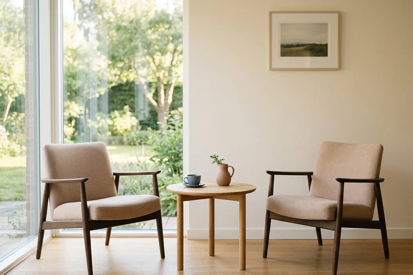 Twee stoelen bij een rond tafeltje aan een zonnig raam, rustig en evenwichtig