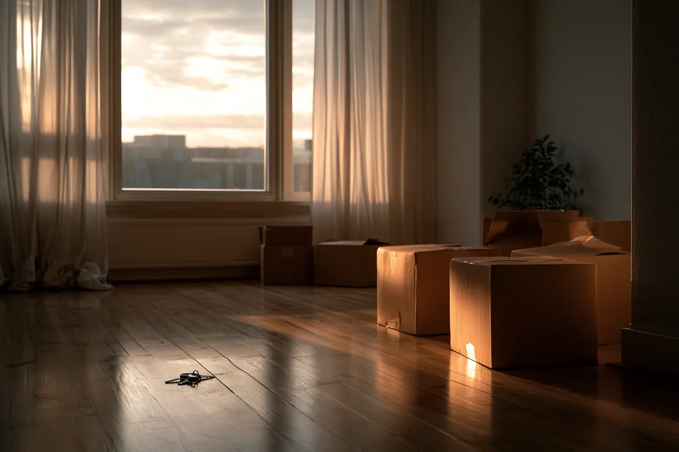 Licht Nederlands appartement bij ochtendlicht met nieuwe sleutels op een houten vloer, een nieuwe start na scheiding
