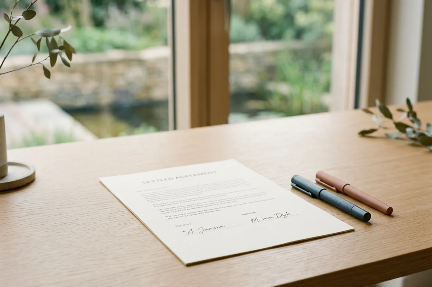 Twee pennen en een ondertekend document op een bureau bij zacht licht