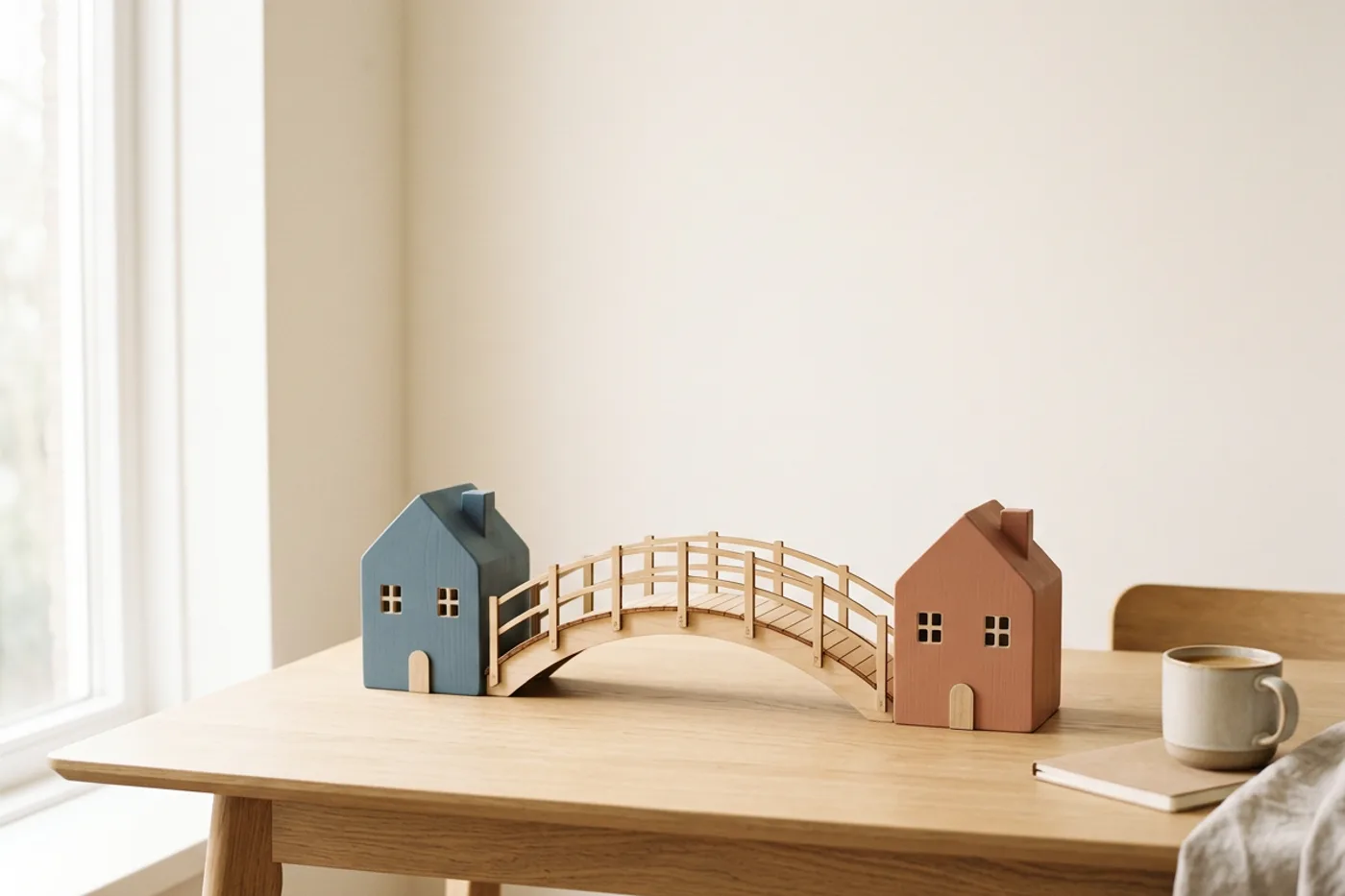 Een houten brugje tussen twee huisvormen op een bureau, symbool van overbrugging