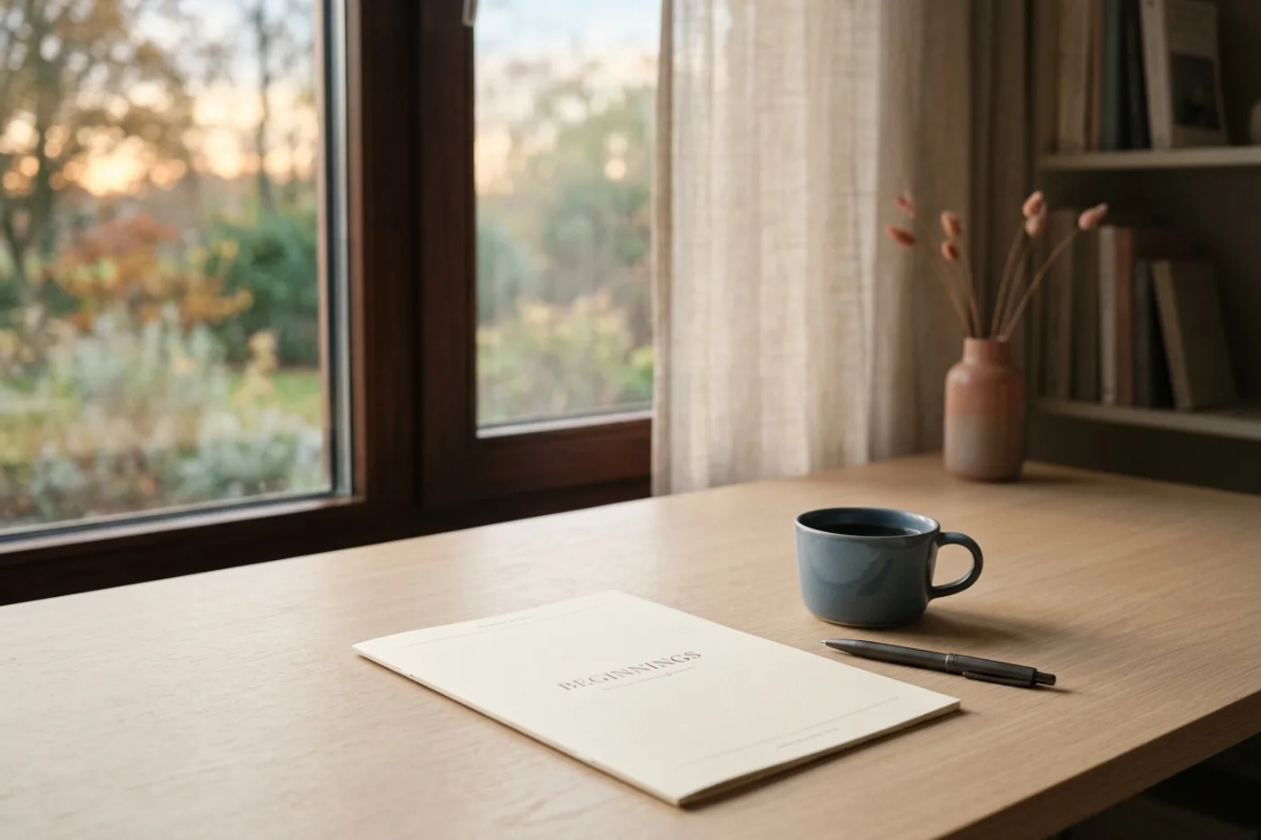 Een document en een kop koffie op een rustig bureau bij een raam in de ochtend