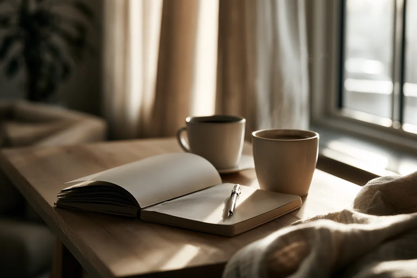 Rustige Nederlandse woonkamer bij ochtendlicht met documenten op een houten tafel, heldere afspraken tussen samenwonende partners