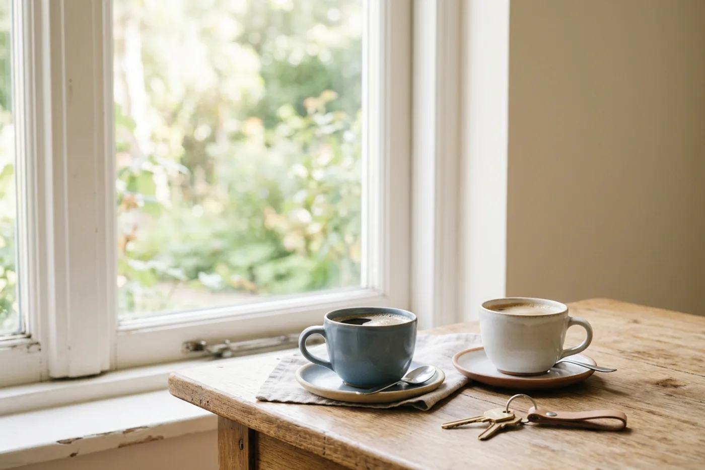 Twee koffiekopjes en een sleutelbos op een houten tafel bij een licht raam