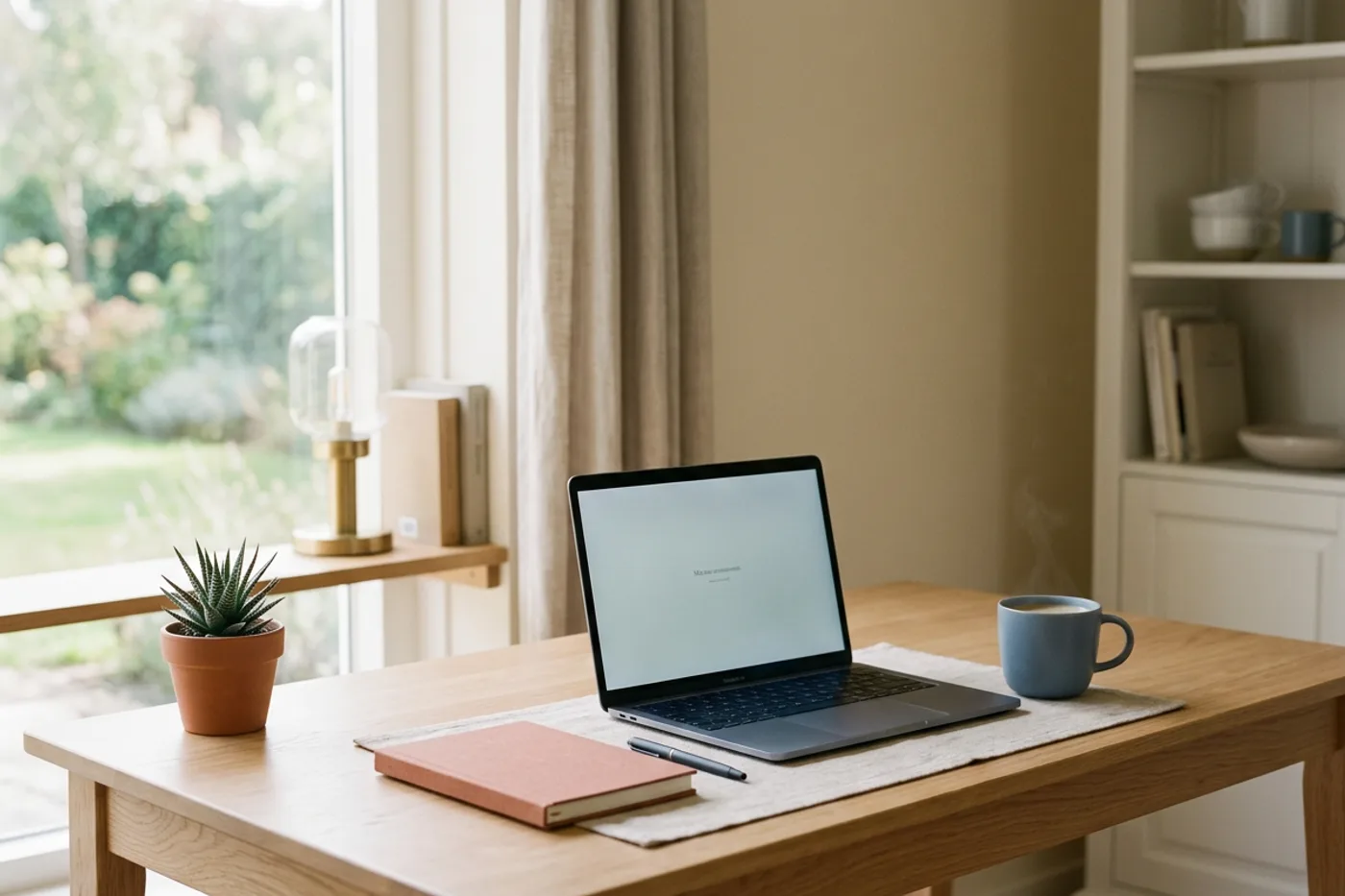 Een rustige thuiswerkplek met laptop, notitieboek en koffie bij ochtendlicht